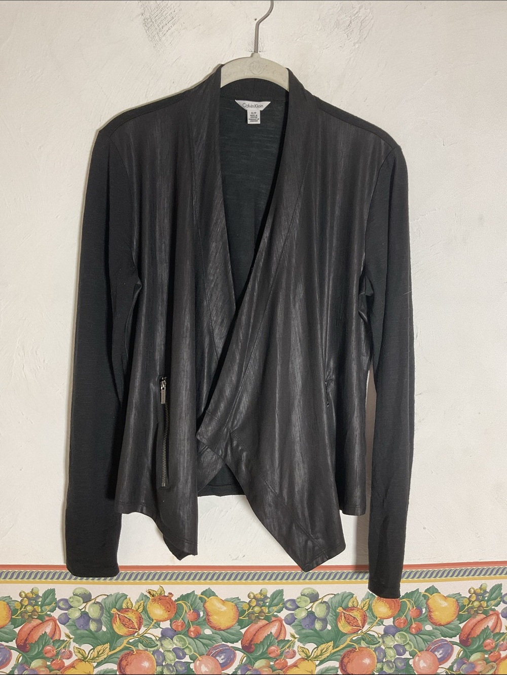 Calvin Klein Black Faux Leather Drape Open Front Jacket Cardigan Size S